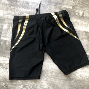 KGKE Men's M Square Leg Swimming Jammers Black Gold Stripe Chlorine Resistant